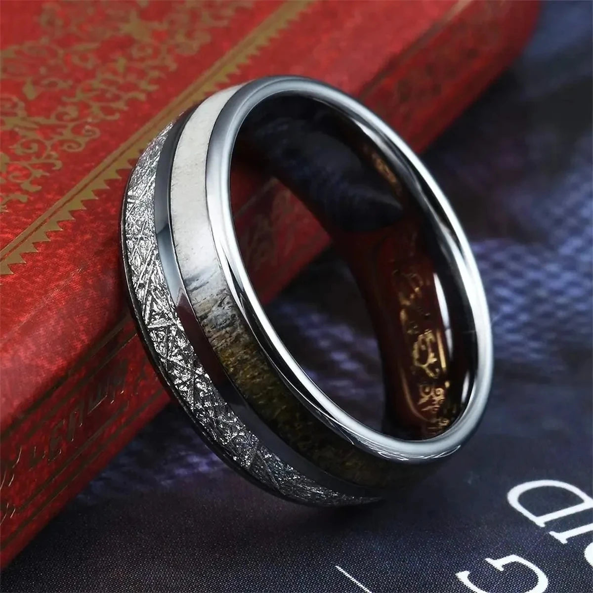 Fashion 8mm Silver Color Stainless Steel Rings for Men Double Groove Meteorite Inlay Dome Men Finger Ring Wedding Band Jewelry