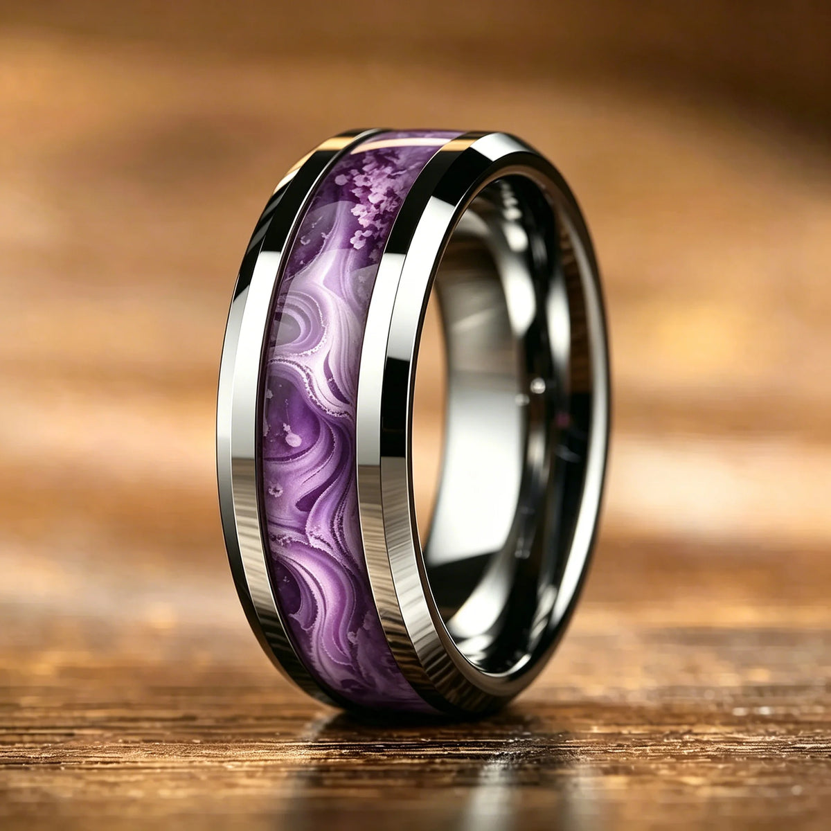 Luxury Red Opal & Meteorite Inlay Rings for Men Women, Fashion 8mm Silver Color Men Stainless Steel Rings, Wedding Band Jewelry