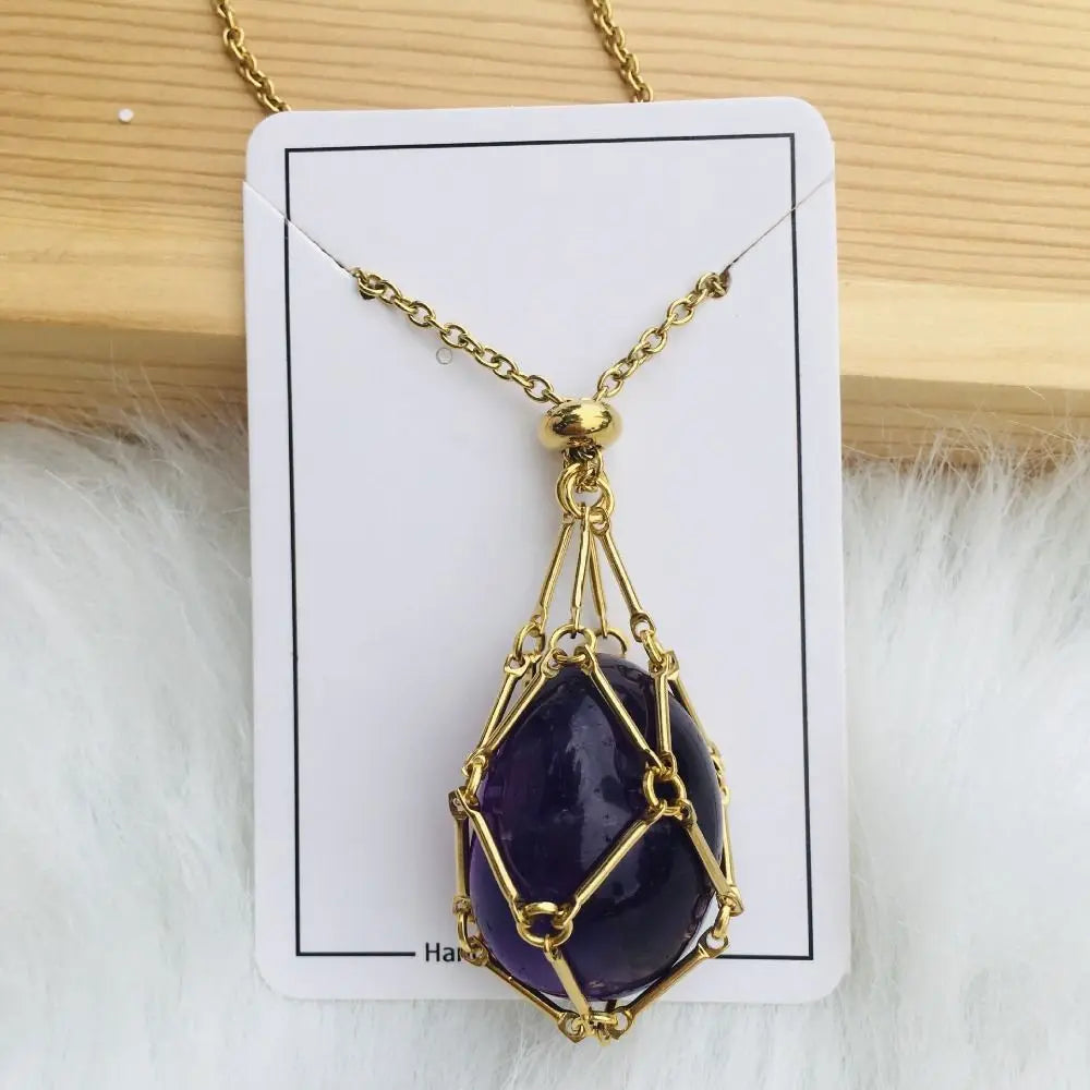 Crystal Holder Cage Necklace with Crystal Stone Interchangeable Adjustable Crystal Net Metal Necklace for Women Gold Amethyst