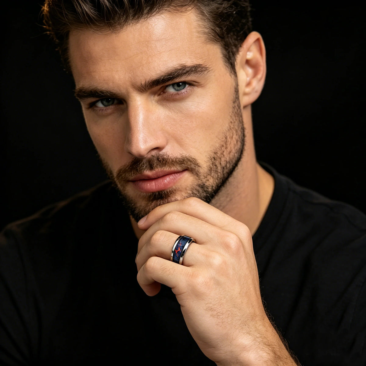 Fashion Men's Stainless Steel Rings Unique Flame Pattern Inlay Ring For Men Wedding Party Jewelry, Gift for Him Non-Fade
