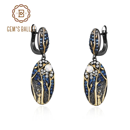 Gem's Ballet 925 Sterling Silver Dangle Drop Earring Design Jewelry Ethiopia Opal Handmade Original Black Moon Earring For Women