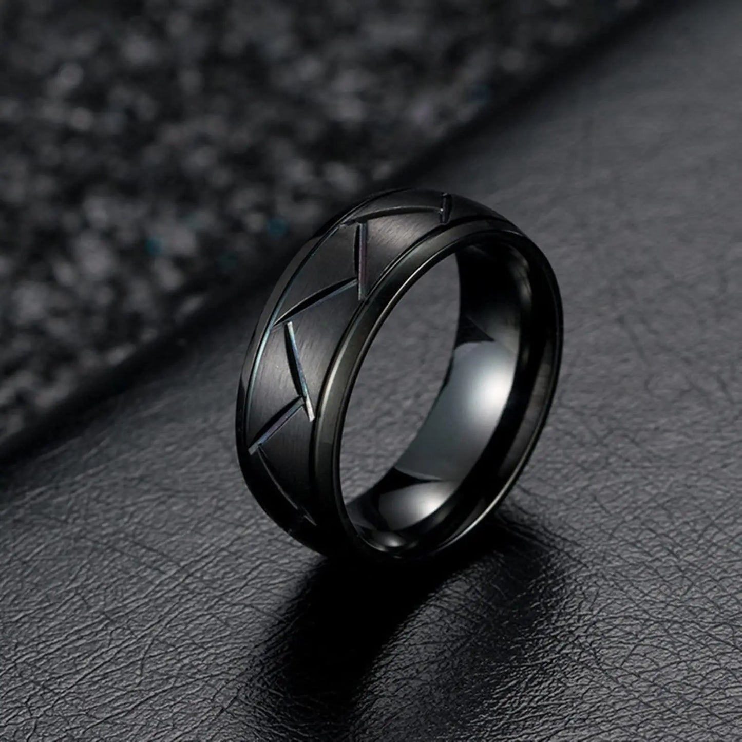 Fashio Men Rings Black Titanium Stainless Steel Rings For Men Women Brick Pattern Finish Beveled Edge Wedding Ring Party Jewelry