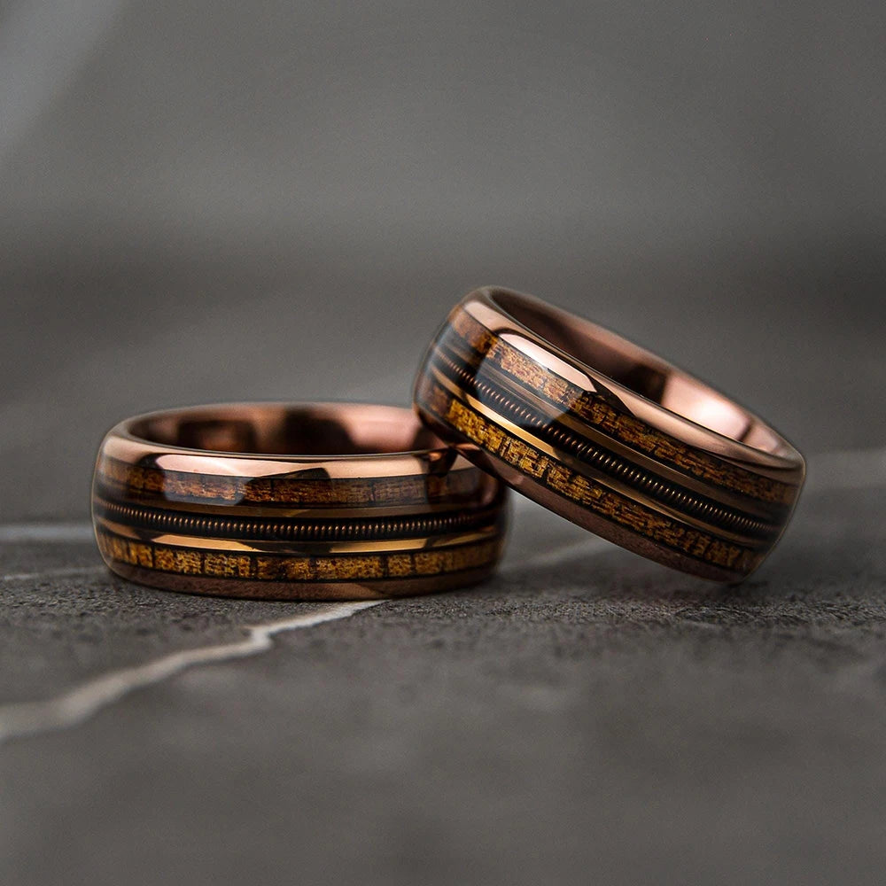 Fashion 8mm Rose Gold Color Stainless Steel Guitar String Rings for Men Koa Wood Inlay Ring Whiskey Barrel Mens Wedding Band
