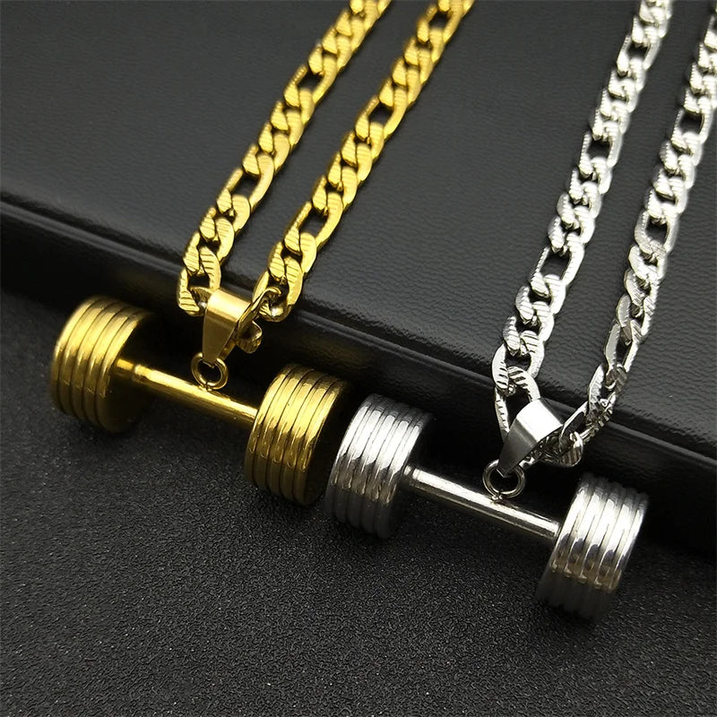 Gym Dumbbell Pendant Necklace for Women Men Stainless Steel Gold Silver Color Muscular Men Fitness Leisure Sports Chain Jewelry