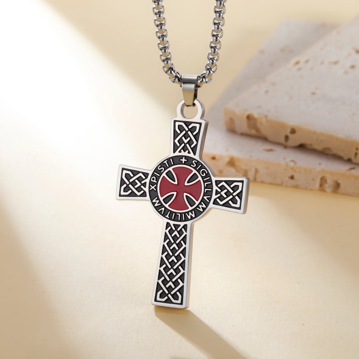 LIKGREAT Christian Cross Necklace Red Cross Templar Symbol for Men Women Vintage Religious Prayer Stainless Steel Jewelry Gift