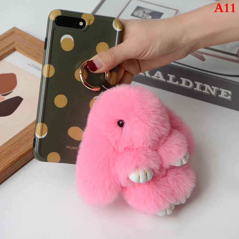 Rabbit Keychain Ring Fluffy Real Fur Pompon Bunny Trinket Key Chain Charm Cute Key Ring On Bag Car Key Pendant Dark pink