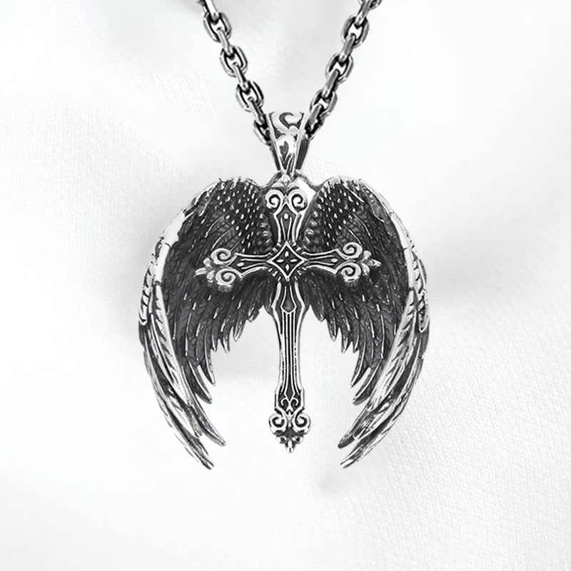 Vintage Angel Wings Cross Necklace For Women Men Trend Punk Feather Guard Pendant Sweater Chain 2024 New Jewelry Wholesale