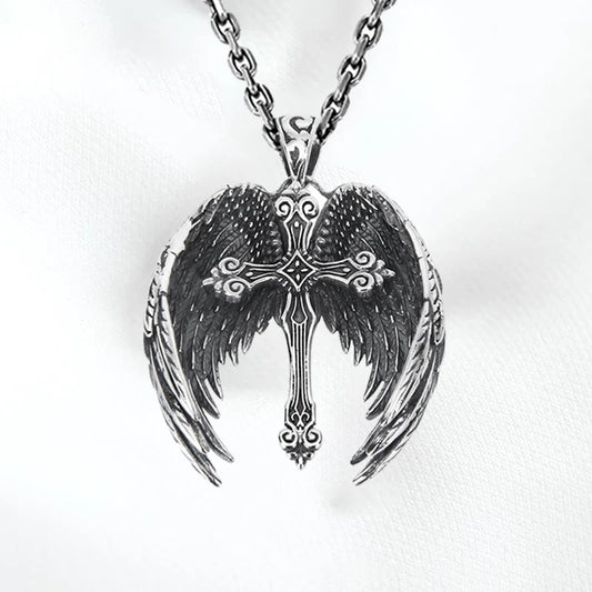 Vintage Angel Wings Cross Necklace For Women Men Trend Punk Feather Guard Pendant Sweater Chain 2024 New Jewelry Wholesale