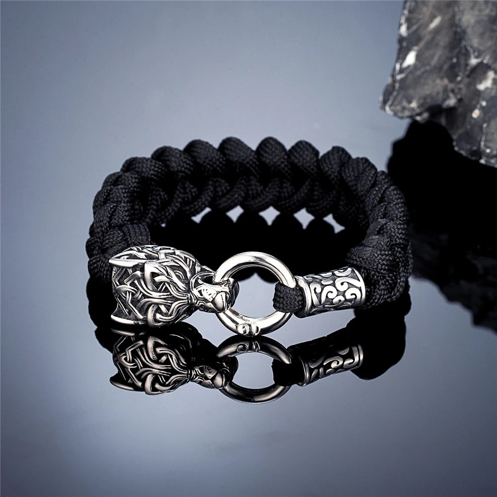 Vintage Norse Runes Celtic Wolf Survival Rope Bracelets Men Handmade Outdoor Stainless Steel Lanyard Wristband Vikings Jewelry Steel Black