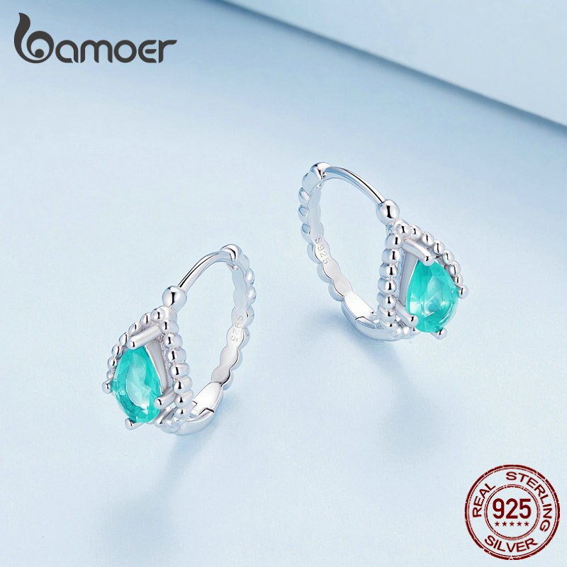 Bamoer Authentic 925 Sterling Silver Blue-green Dewdrop Ear Buckles for Women Birthday Gift Pave Setting CZ Fine Jewelry BSE783