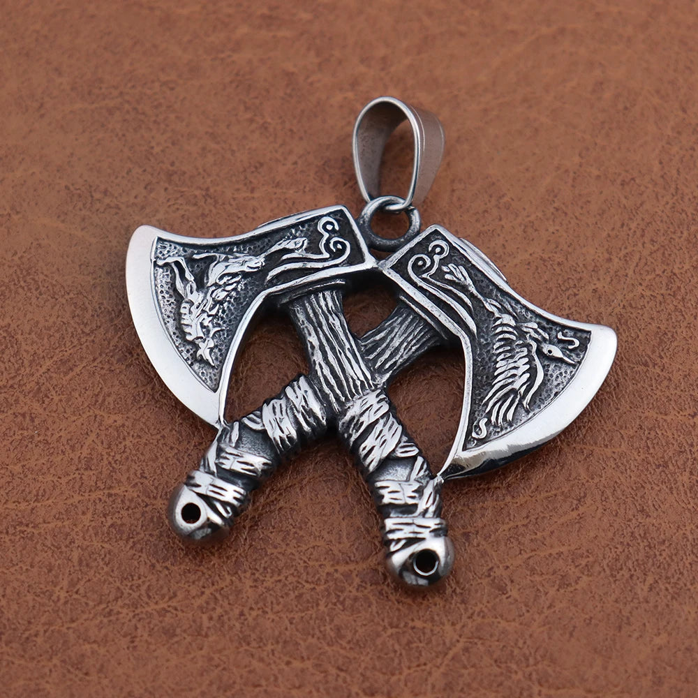 Unique Viking Double Axe Pendant Stainless Steel Retro Nordic Domineering Wolf and Eagle Necklace Scandinavian Jewelry
