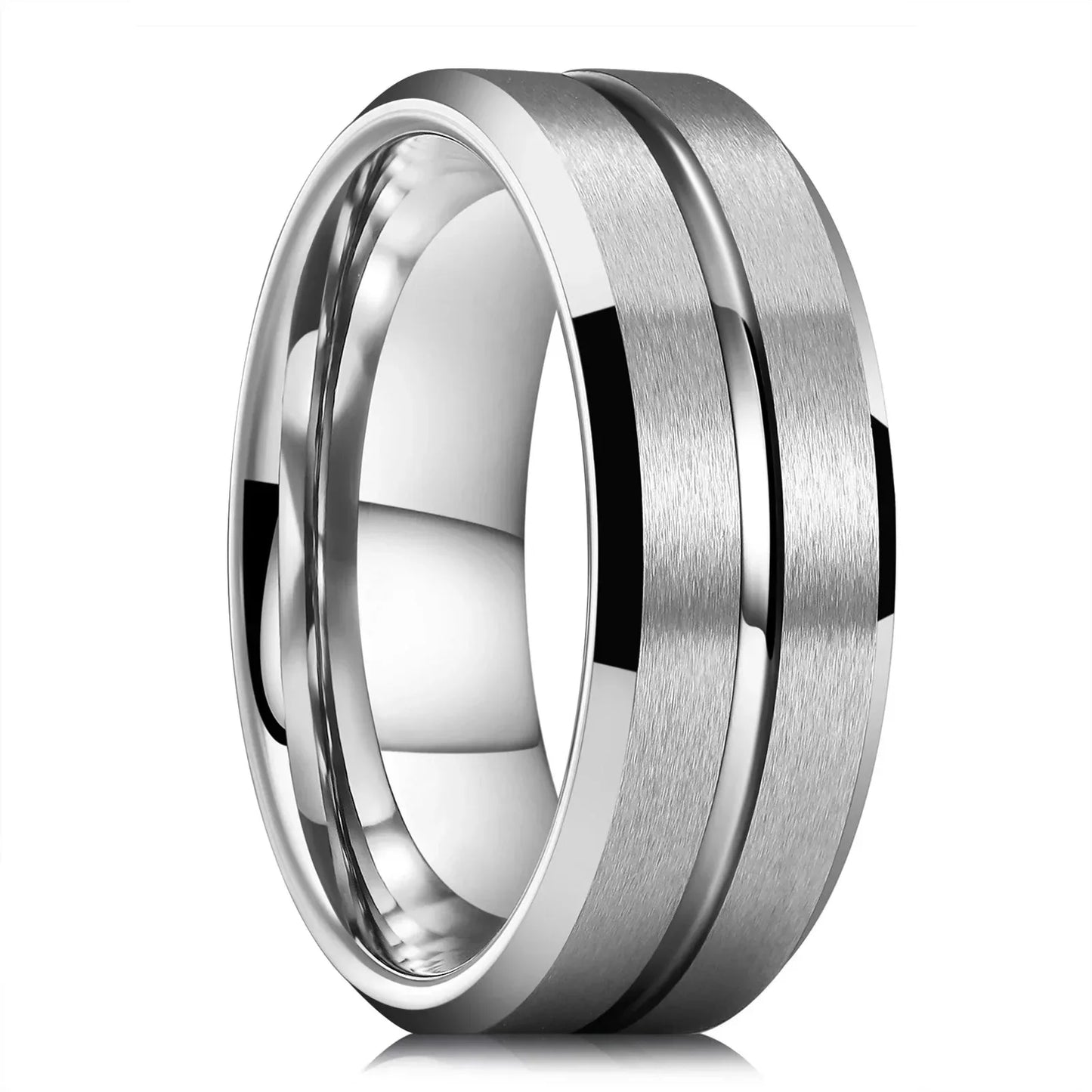 Fashion 8mm Black Brushed Men Stainless Steel Ring Double Groove Beveled Zircon Stone Rings For Men Trendy Wedding Band Jewelry