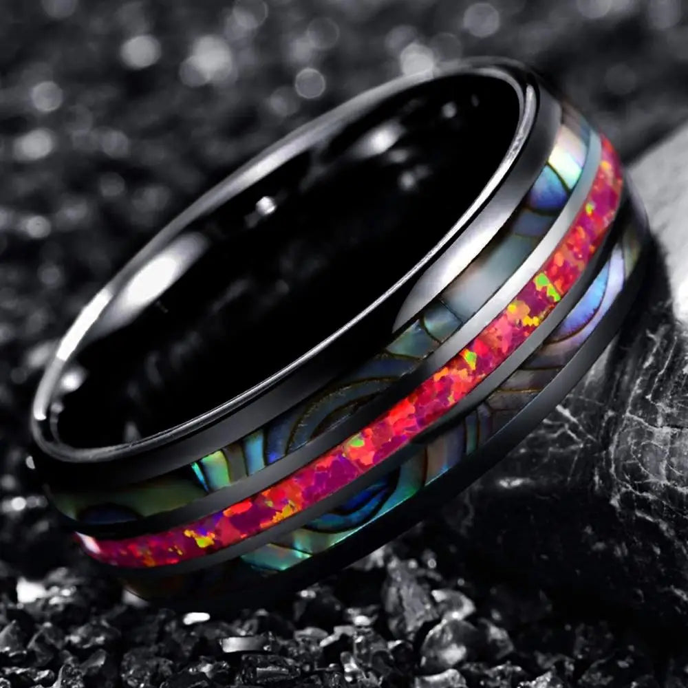 Fashion 8mm Black Titanium Steel Rings For Men Inlay Red Opal and Colorful Abalone Shell Ring Men's Wedding Band Jewelry Gifts