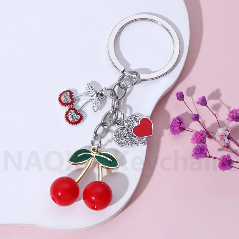 Pretty Cherry Keychain Romantic Love Heart Fruit Key Ring For Women Girl Friendship Gift Bag Decoration Handmade Jewelry Set