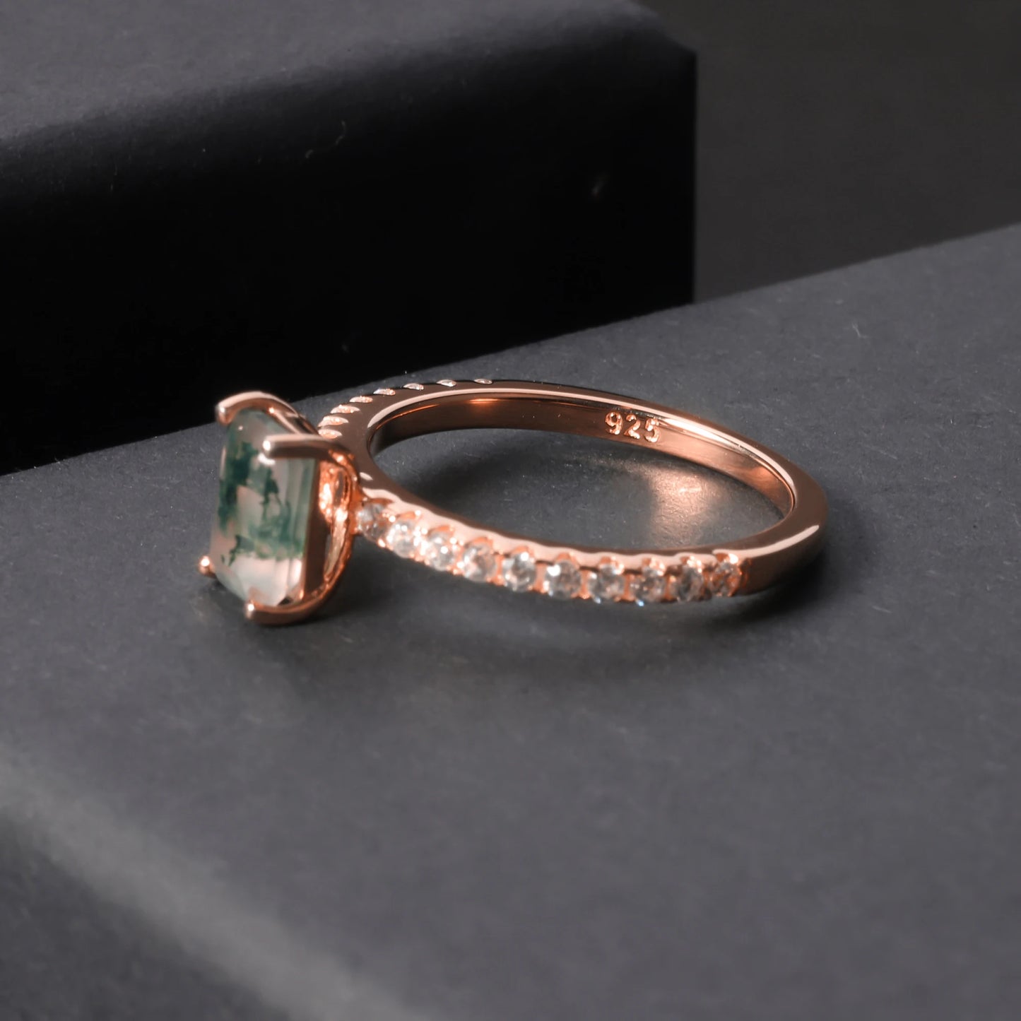 GEM'S BALLET Unique 0.88Ct 5x7mm Octagon Cut Pave Set Moss Agate Engagement Ring in 925 Sterling Silver Women's Gold Ring