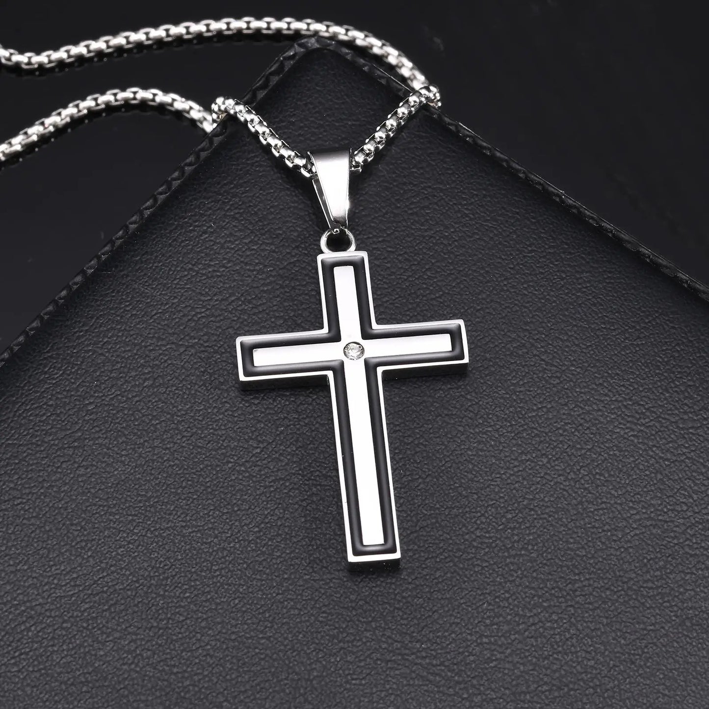 Mens Stainless Steel Cross Necklaces,Cross Center Zircon Pendant Collars with Black Glue Edge,Stylish Classic Jewelry Gifts