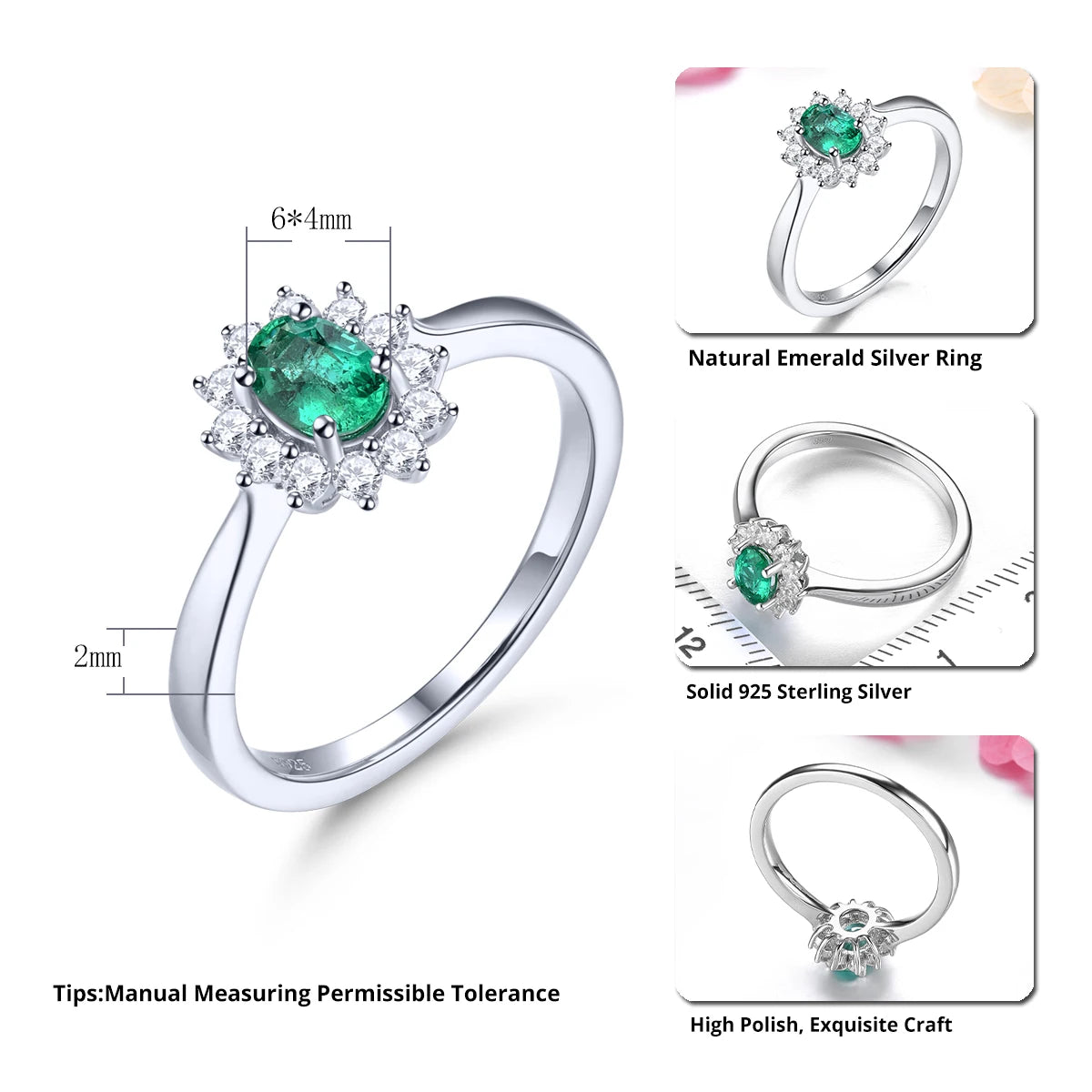 Natural Green Emerald Sterling Silver Rings 0.45 Carats Genuine Precious Gemstone Women Classic Fine Jewelrys Treasure Gifts