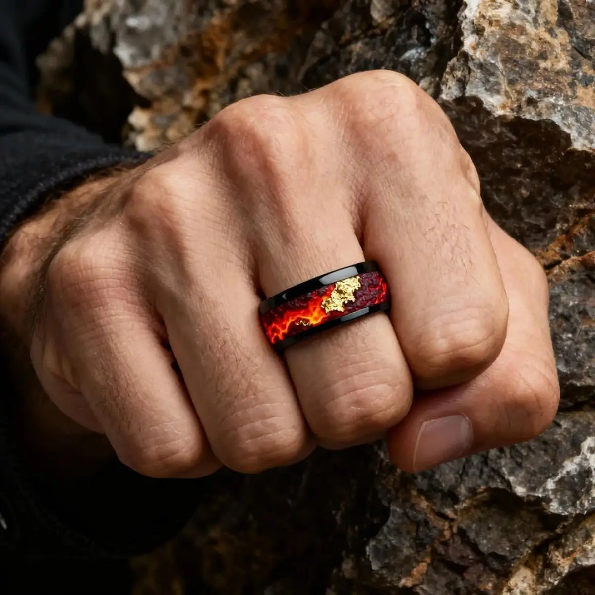 Fashion Black Men Stainless Steel Ring with Volcanic Lava and Golden Foil Pattern Inlay Rings for Men Wedding Jewelry Drop Ship