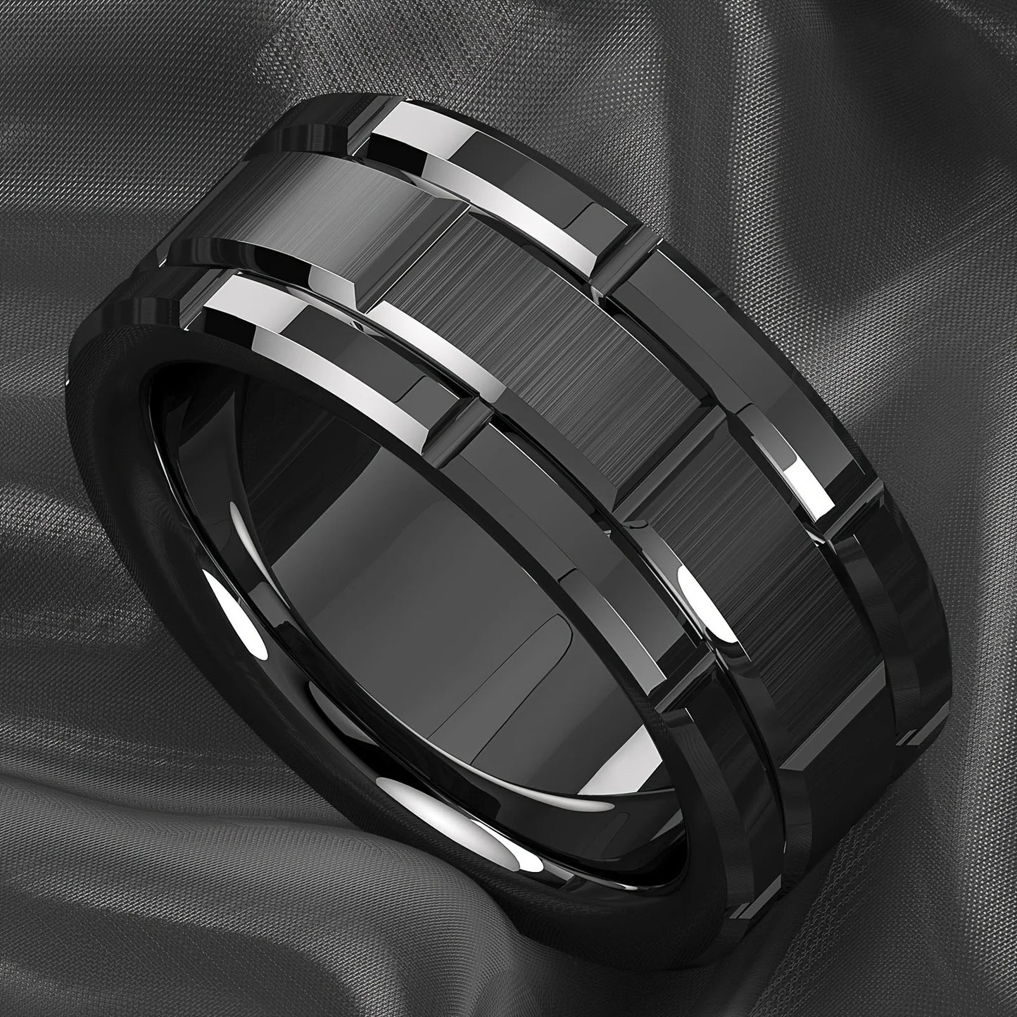 Fashion 8mm Brick Pattern Stainless Steel Rings For Men Black Brushed Double Groove Men Engagement Rings Wedding Band Jewelry