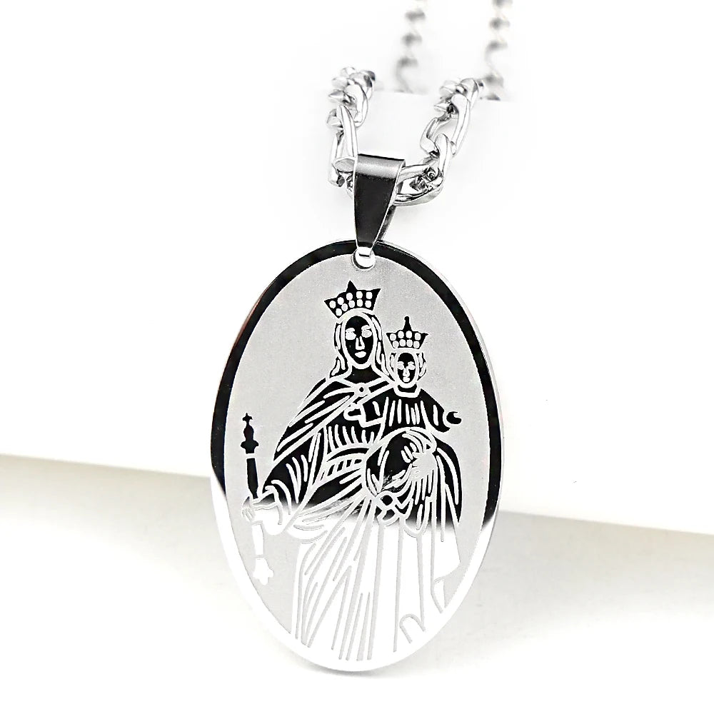 Oval Medal Virgin Mary Pendant Necklace for Women Men Stainless Steel Gold Color Catholic Our Lady of Mount Carmel Chain Jewelry