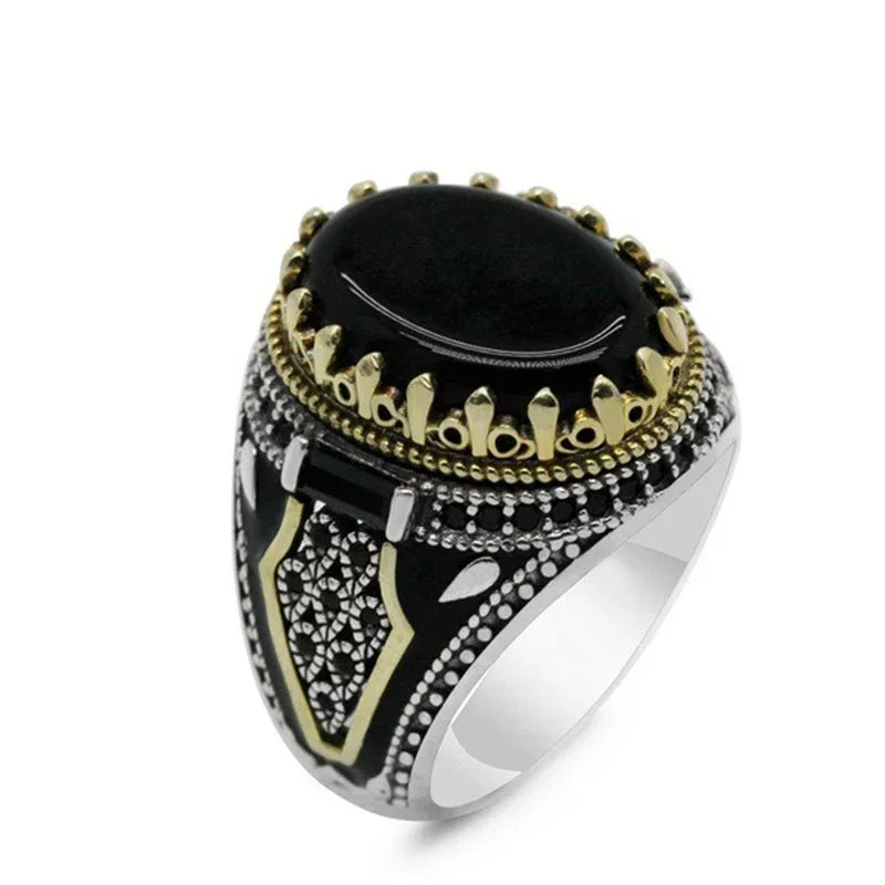 New Retro Handmade Turkish Rings for Men Vintage Double Swords Black Zircon Rings Punk 2024 Trendy Islamic Religious Muslim