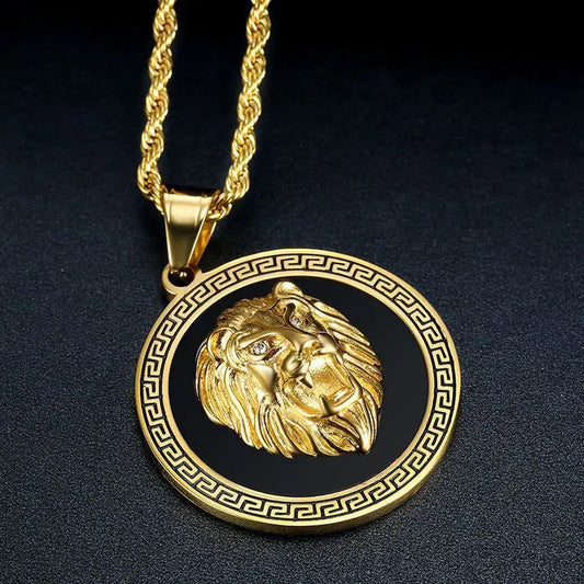Men's Stainless Steel Gold Plated Champion Necklace with Inlaid Zircon Lion Pendant - Fashionable Gold Plated Jewelry