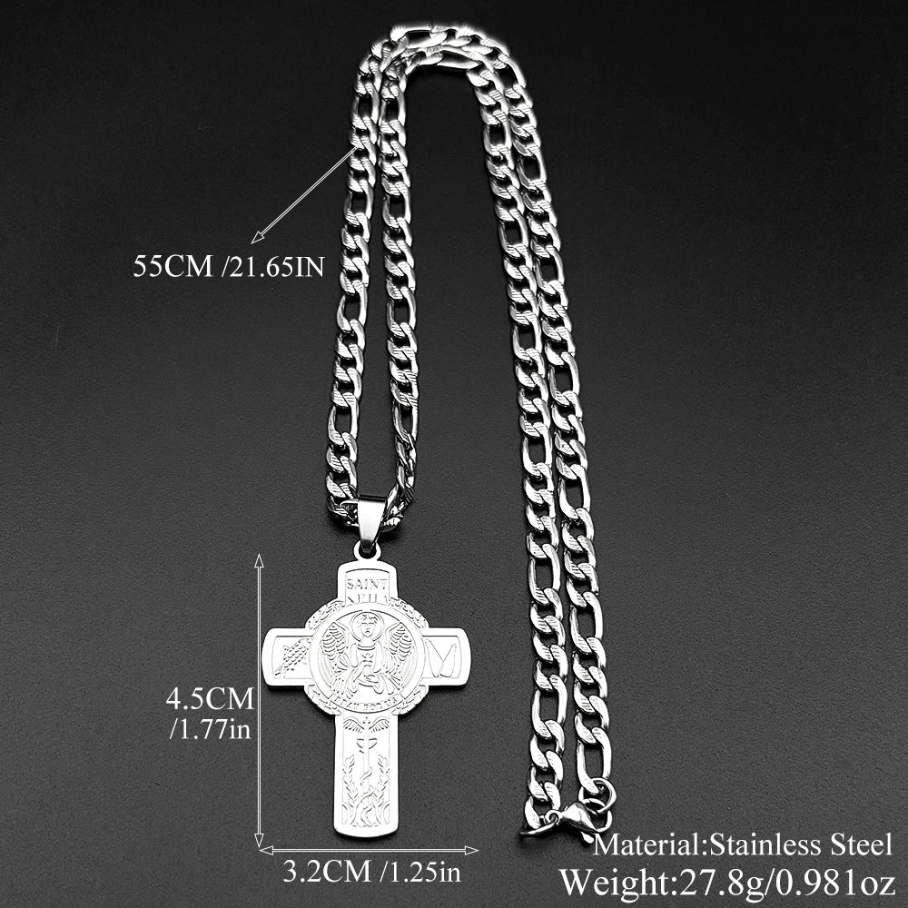 Christian Saint Raphael Pray for Us Cross Pendant Necklace for Women Men Stainless Steel Gold Color Hip Hop Cuban Chain Jewelry
