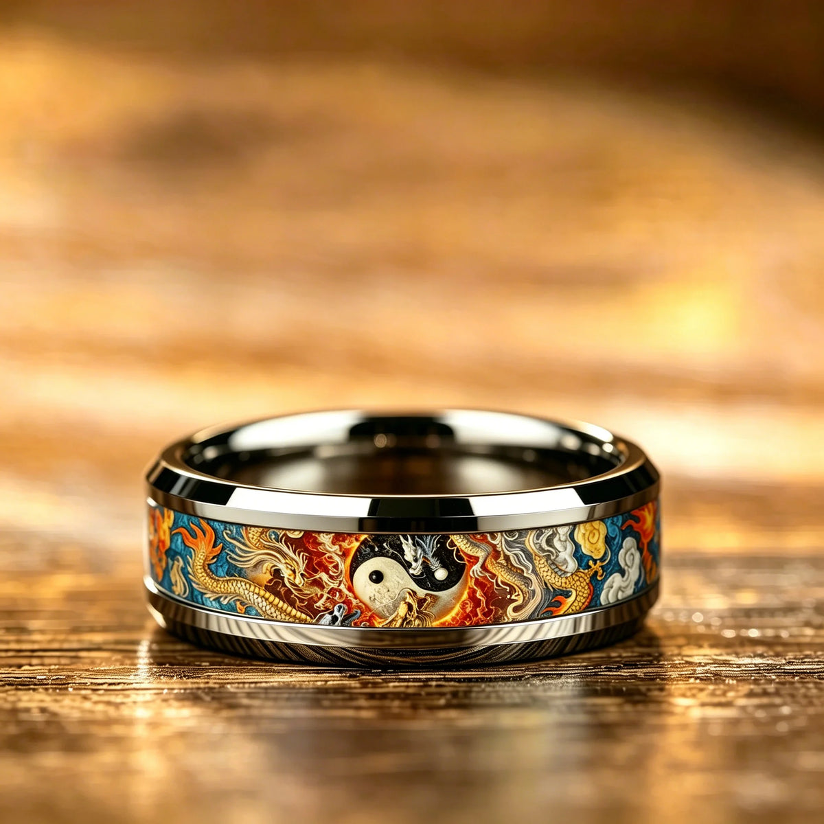 Vintage Dragon Yin Yang Tai Chi Cloud Flame Pattern Inlay Stainless Steel Rings for Men Women Lucky Totem Wedding Band Jewelry