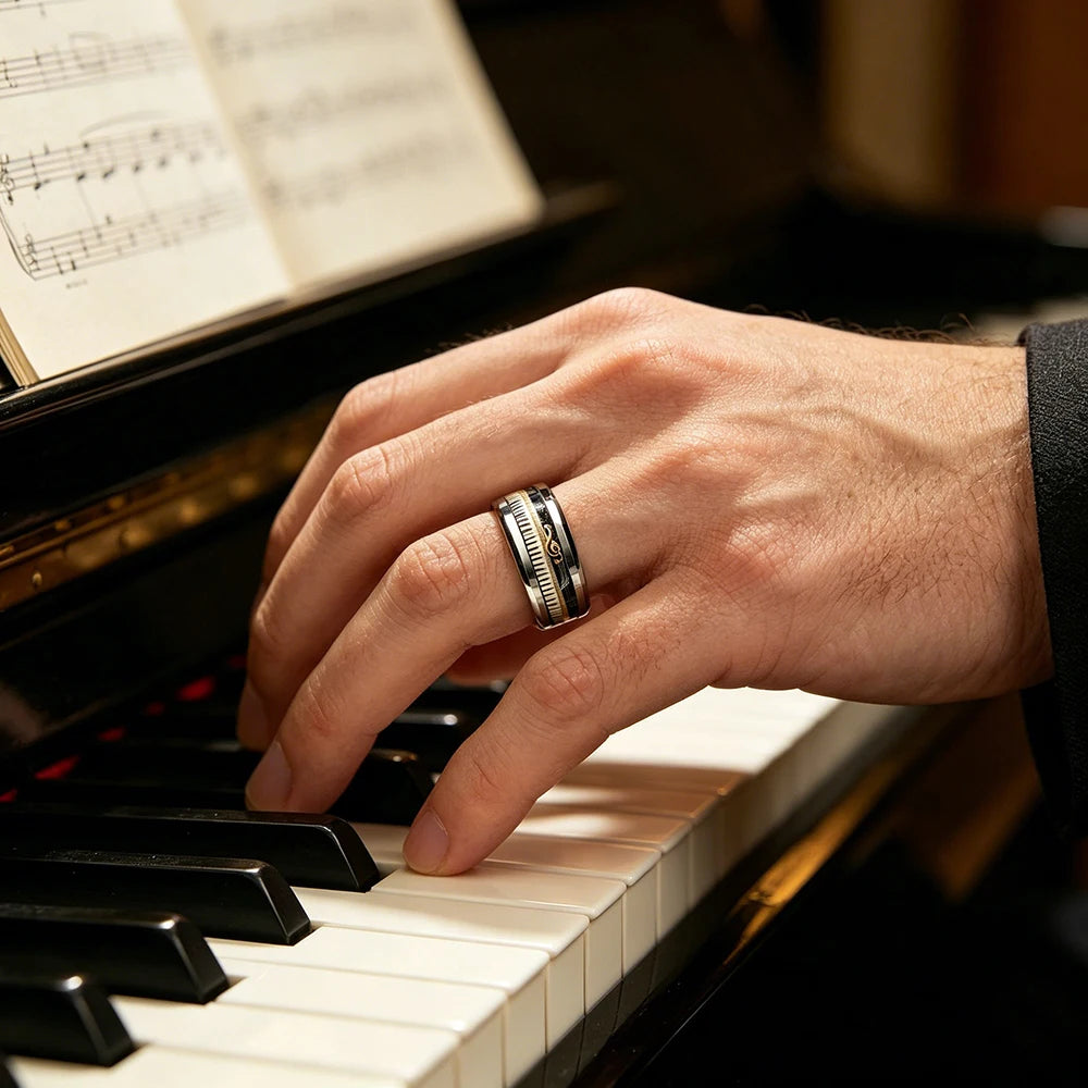 Fashion Stainless Steel Piano Note Ring Hypoallergenic Jewelry for Men, Ideal Opening Graduation Gift for Music Lovers Musician