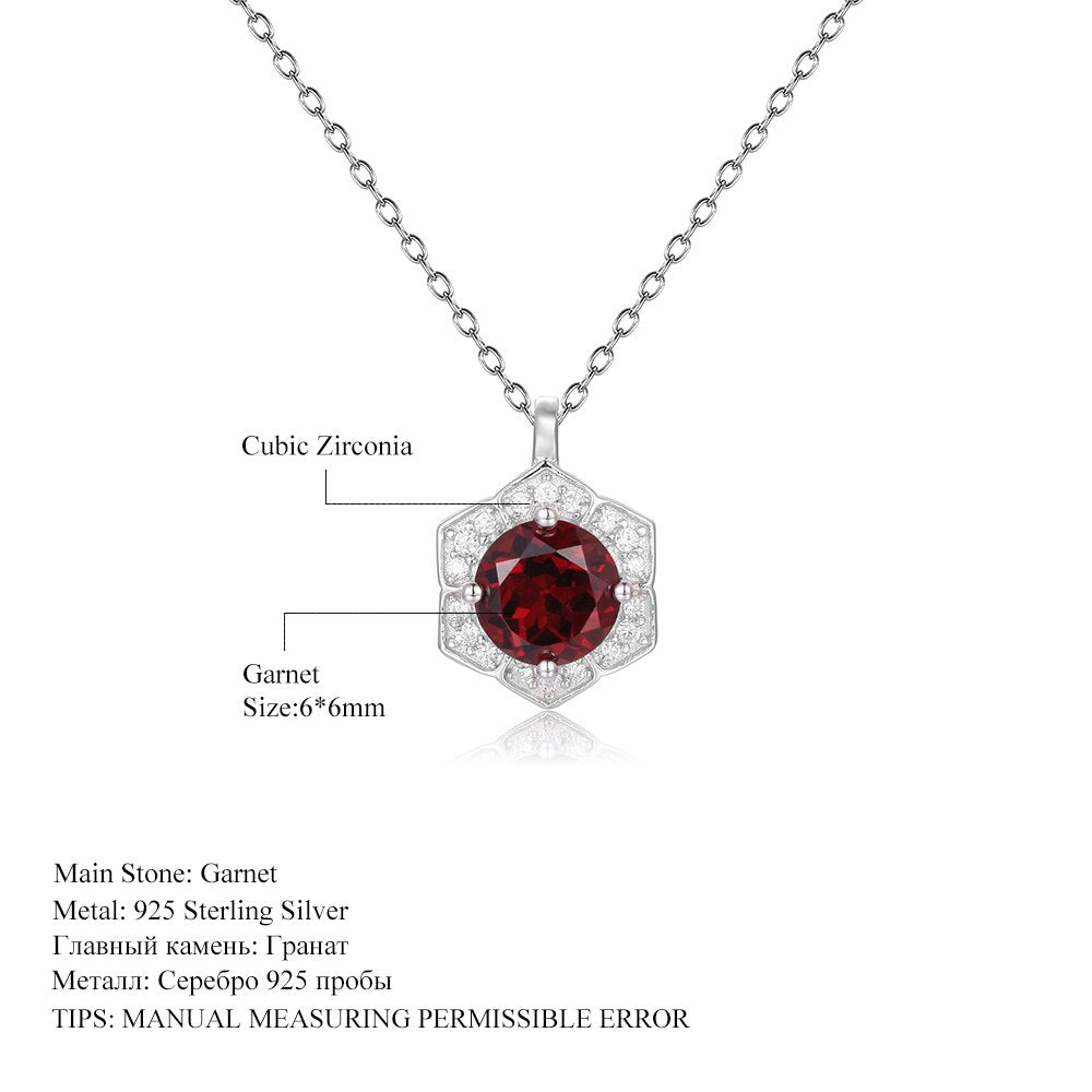 GEM&#39;S BALLET Hexagon Gemstone Necklace 6mm Round Red Garnet Halo Solitarie Pendant Necklace in 925 Sterling Silver Gift For Her