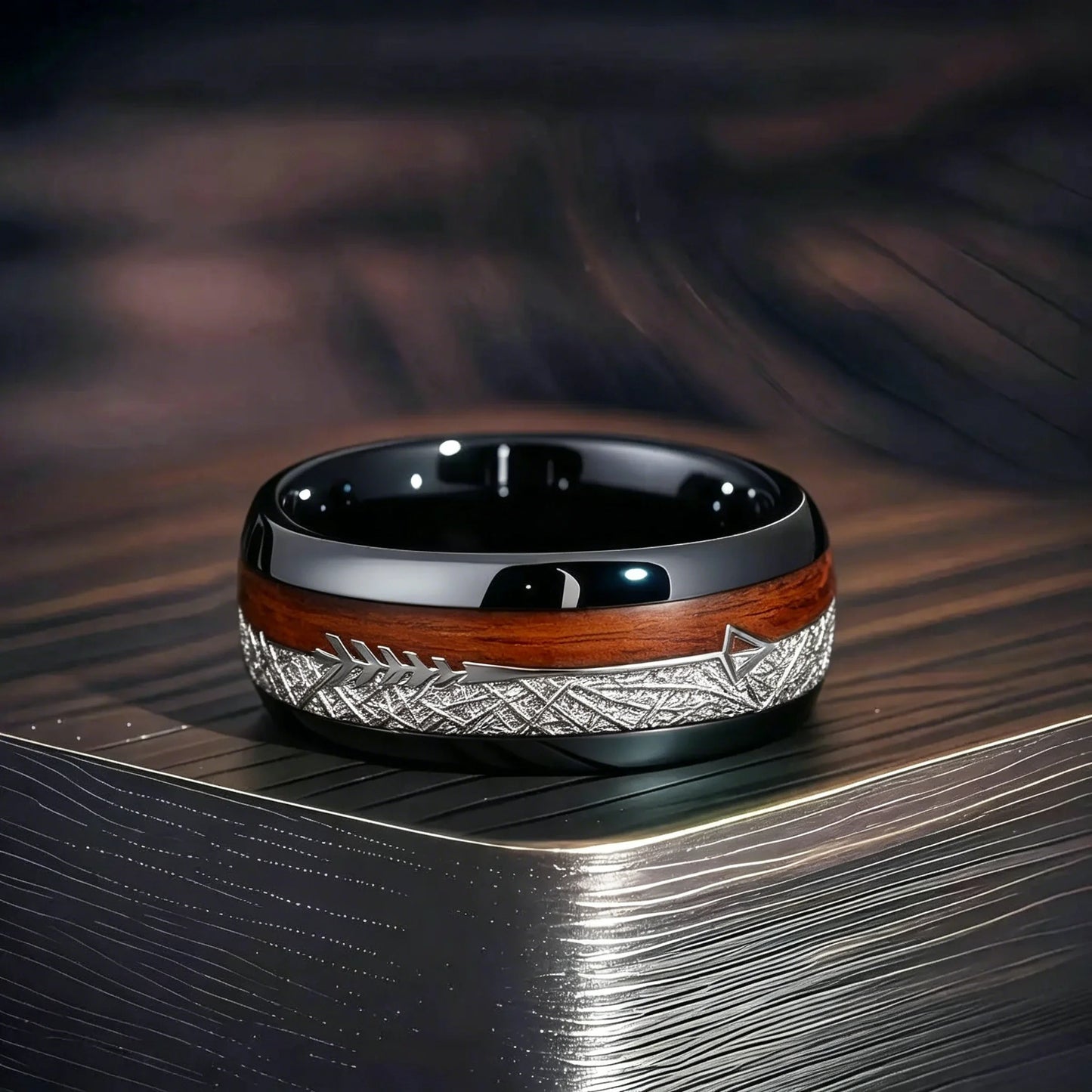 Fashion 8mm Black Stainless Steel Arrow Rings For Men Inlay Meteorite Hawaiian Koa Wood Rings Men Wedding Band Jewelry Wholesale