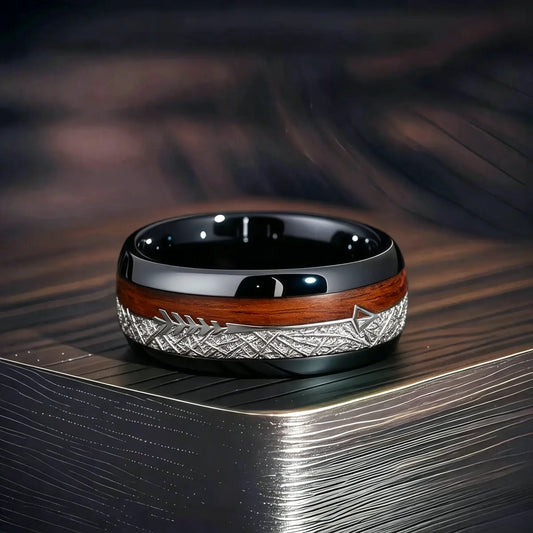 Fashion 8mm Black Stainless Steel Arrow Rings For Men Inlay Meteorite Hawaiian Koa Wood Rings Men Wedding Band Jewelry Wholesale