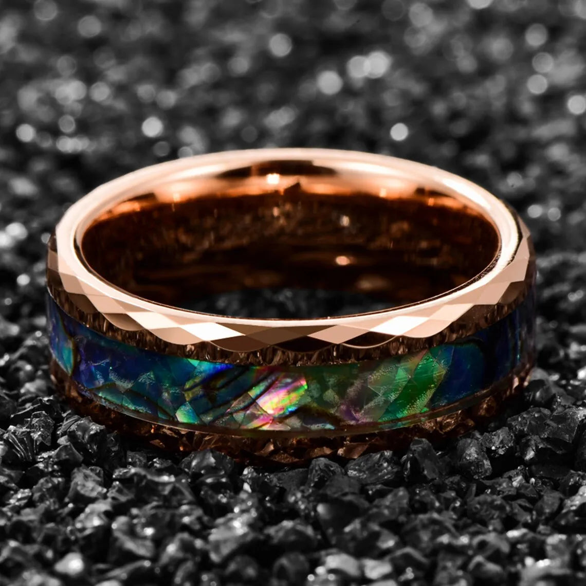 Fashion 8MM Rose Gold Color Stainless Steel Rings For Men Women Colorful Abalone Shell  Inlaid Men Rings Wedding Party Jewelry