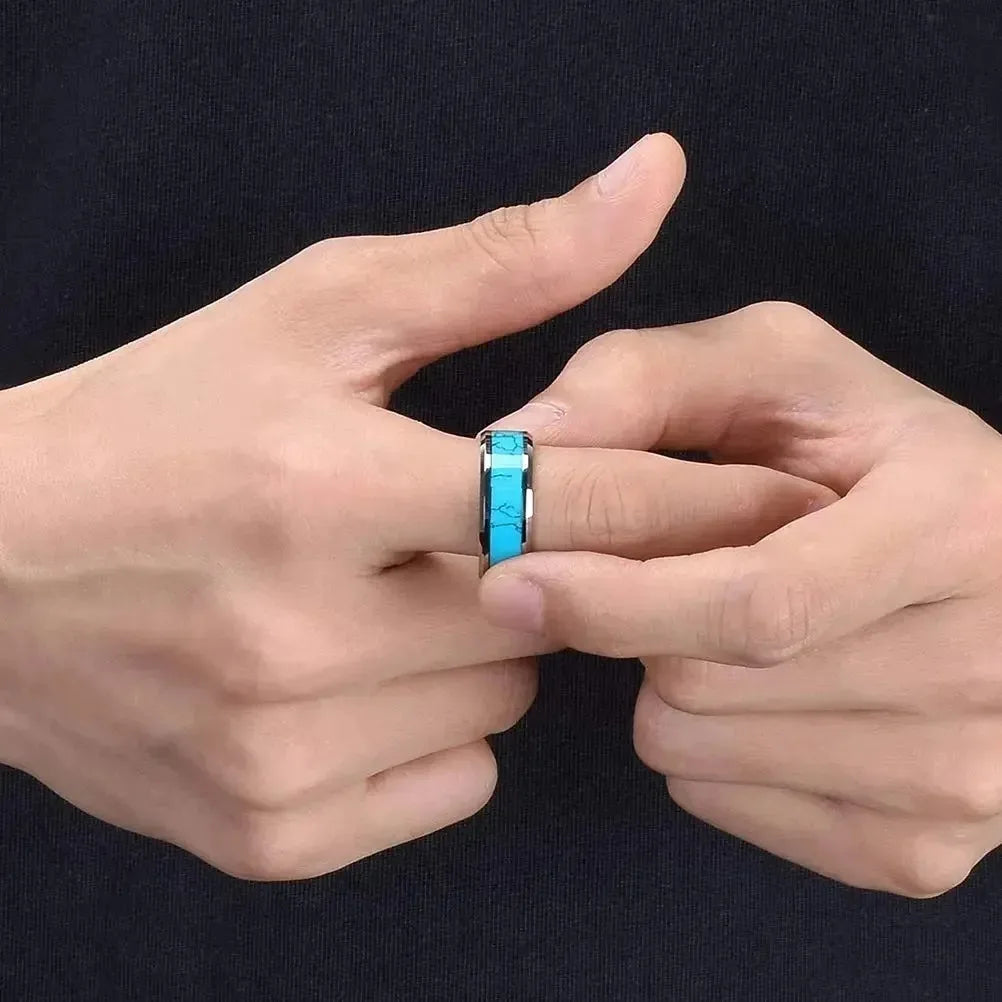 Fashion 8mm Men Stainless Steel Rings Inlay Blue Turquoise Rings For Men Women Wedding Engagement Band Jewelry Gift Wholesale