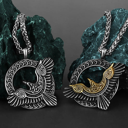 HNSP Viking Rune Crow 316L Stainless Steel Pendant Necklace For Men Punk Pirate Accessories