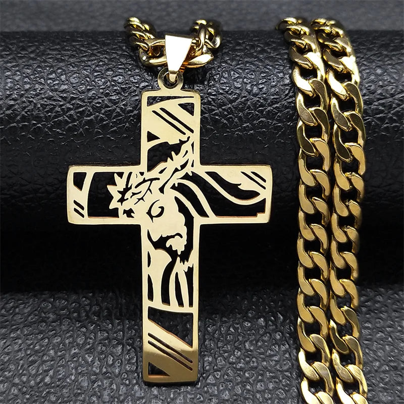 Hip Hop Punk Crown of Thorns Jesus Cross Necklace for Men Stainless Steel Gold Plated Crucifix Pendant Necklaces Jewelry N8052 A 60cm NK GD