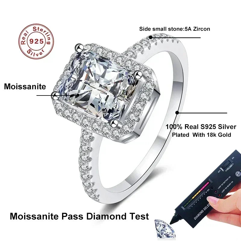 NeeTim 2 Carat Moissanite Ring for Women Emerald Radiant Cut Diamond Sterling Silver 925 with 18KGold Plated Wedding Bridal Band