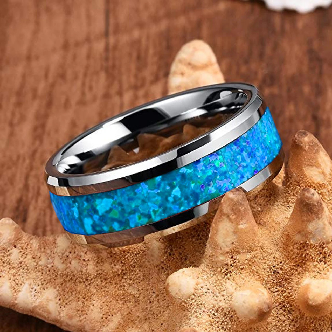 Fashion 8mm Men Silver Color Stainless Steel Rings Inlay Imitation Blue Opal Promise Rings For Men Women Wedding Band Jewelry