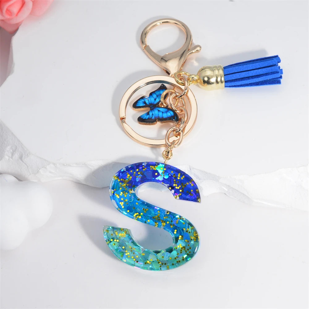 Sea Blue A To Z 26 Letter Keychain Women Wallet Charms 26 Initials Alphabet Butterfly Tassel Pendant With Key Rings Jewelry Gift S 55mm