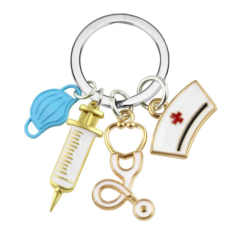 Medical Tool Doctor Keychain Heartbeat Stethoscope Syringe Nurse Cap Key Ring Nurse Gifts Handmade Jewelry Bag Ornaments Charm 4-BU