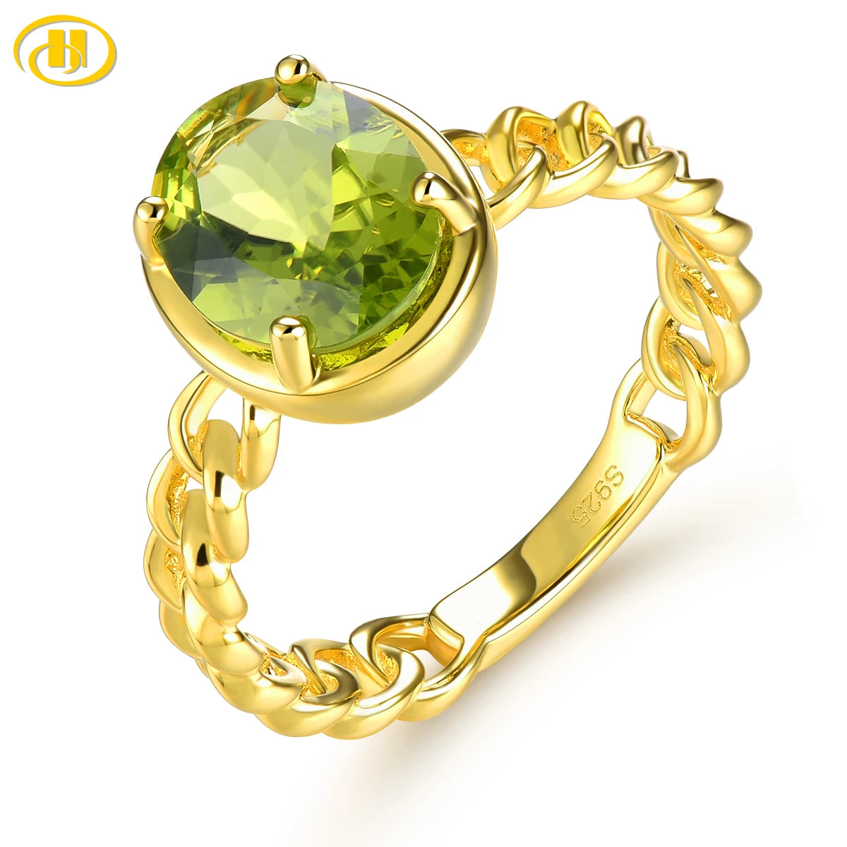 Natural Peridot Silver Rings 2.6 Carats Genuine Birthstone Yellow Gold Plated Women Classic Luxury Wedding Rings Top Quality