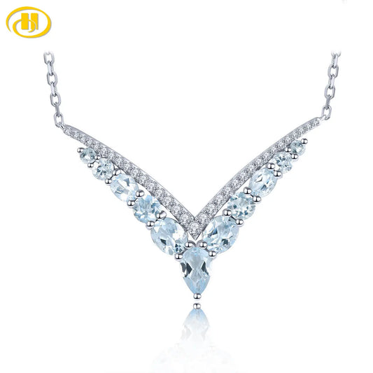 Natural Aquamarine Sterling Silver Necklace Pendant 2.5 Carats Genuine Light Blue Romantic V Shape Design S925 Jewelrys Gifts