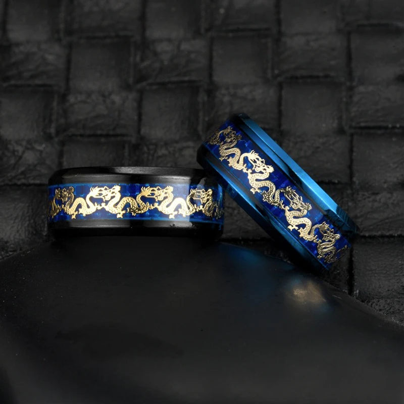 Fashion 8mm Men Stainless Steel Dragon Ring Vintage Punk Chinese Dragon Pattern Carbon Fiber Rings For Men Wedding Party Jewelry