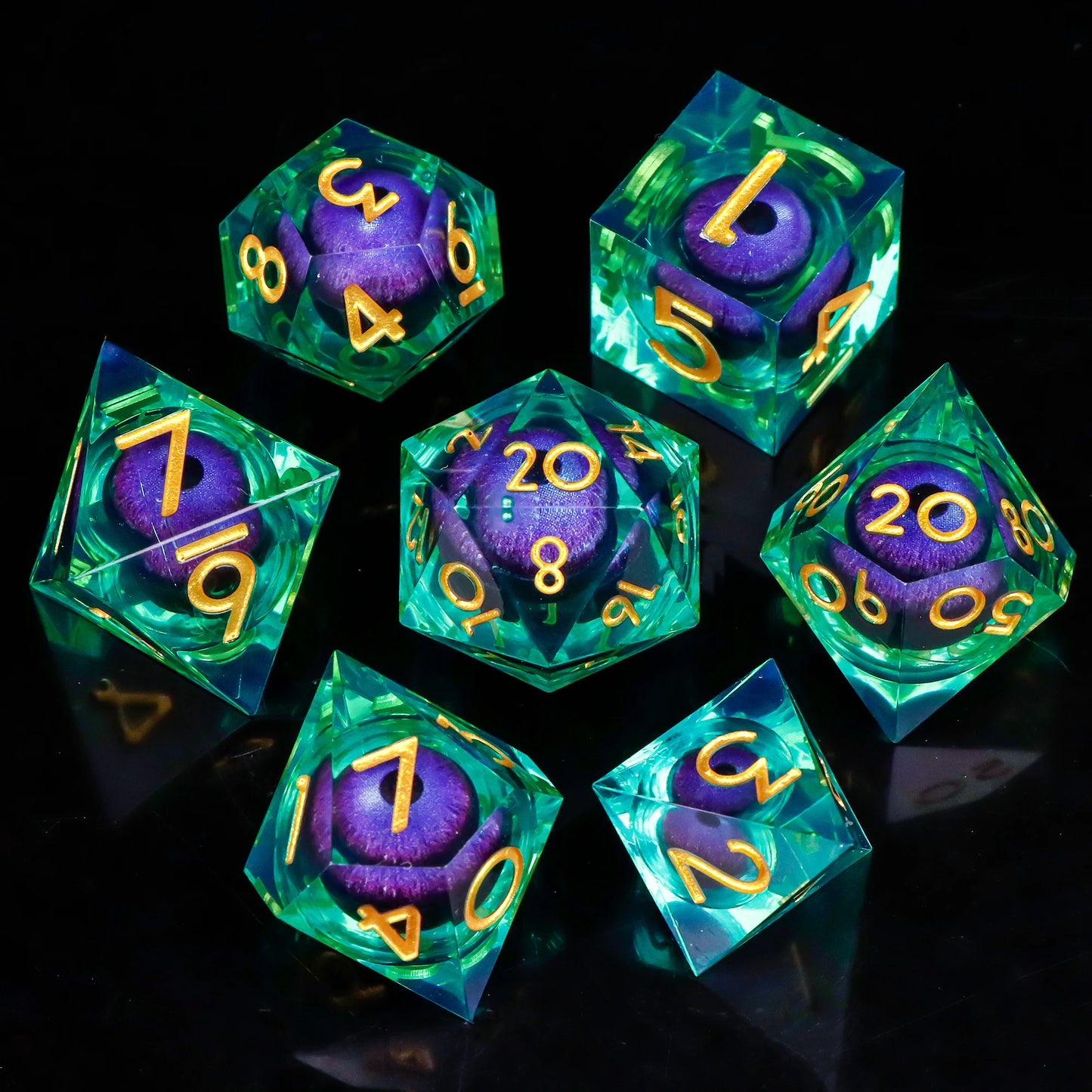 MUNDICE Dragon Eye Dice for RPG, Beholder Eye Dice for DnD, Dice Set for Dungeon and Dragon, Green&Purple Dice, D&D Dice DY25