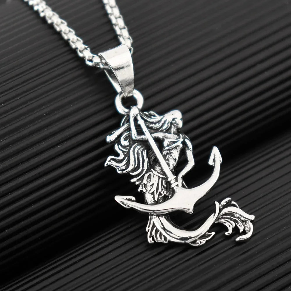 New Vintage Mermaid Anchor Pendant Charm Men's Necklace Fashion Hip Hop Punk Jewelry Accessories Party Gift Wholesale