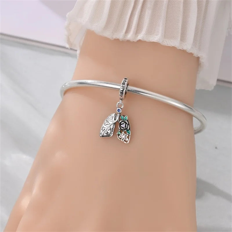 Heart & Organ Charm 925 Sterling Silver Red Rose Skull Dangle Pendant Dark Aesthetic Fit Bangle Bracelet Necklace DIY Jewelry