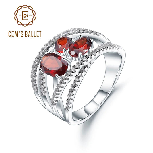 GEM'S BALLET 1.87Ct Natural Red Garnet Finger Rings 925 Sterling Silver Criss-Cross Pavé Gemstone Ring For Women Fine Jewelry