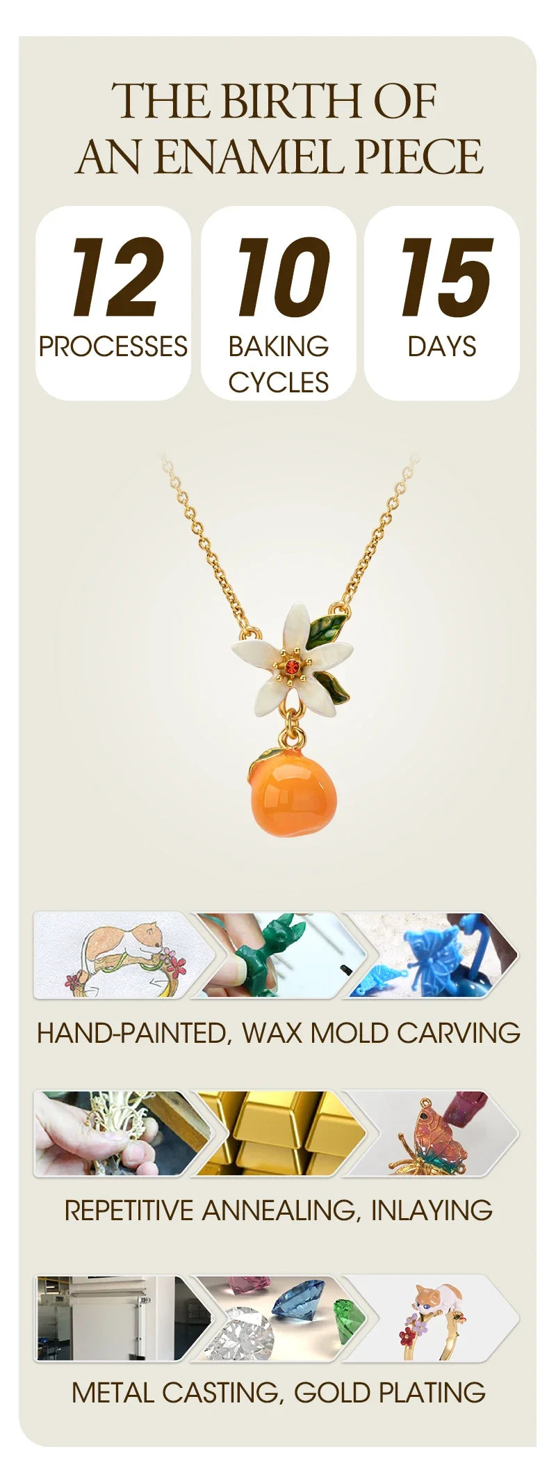 Necklace for Women Orange Gardenia Necklace 18K Gold Plated Sweet Fruit Flower Necklace Hand Painted Enamel Christmas Gifts