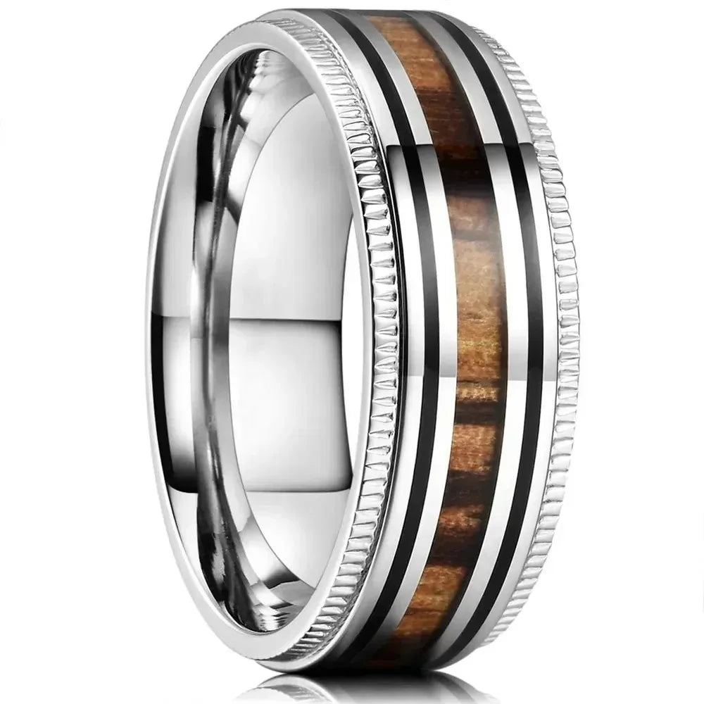 Fashion 8mm Rose Gold Color Stainless Steel Guitar String Rings for Men Koa Wood Inlay Ring Whiskey Barrel Mens Wedding Band