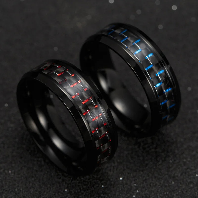 Fashion 8mm Black Stainless Steel Dragon Rings For Men Women Inlaid Blue Carbon Fiber Men Rings Punk Wedding Band Jewelry Gifts